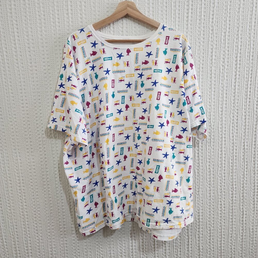 Vintage 90's Plus Size 90's Print Oversized White Multi-Color Tee Women's 3X